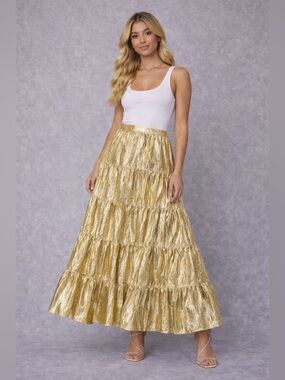 Sézane Metallic Gold Tiered Maxi Skirt Size 38 A-Line Shimmer Lined Paris